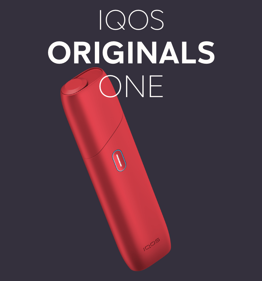 New IQOS Originals One banner and heated tobacco device in red color.
