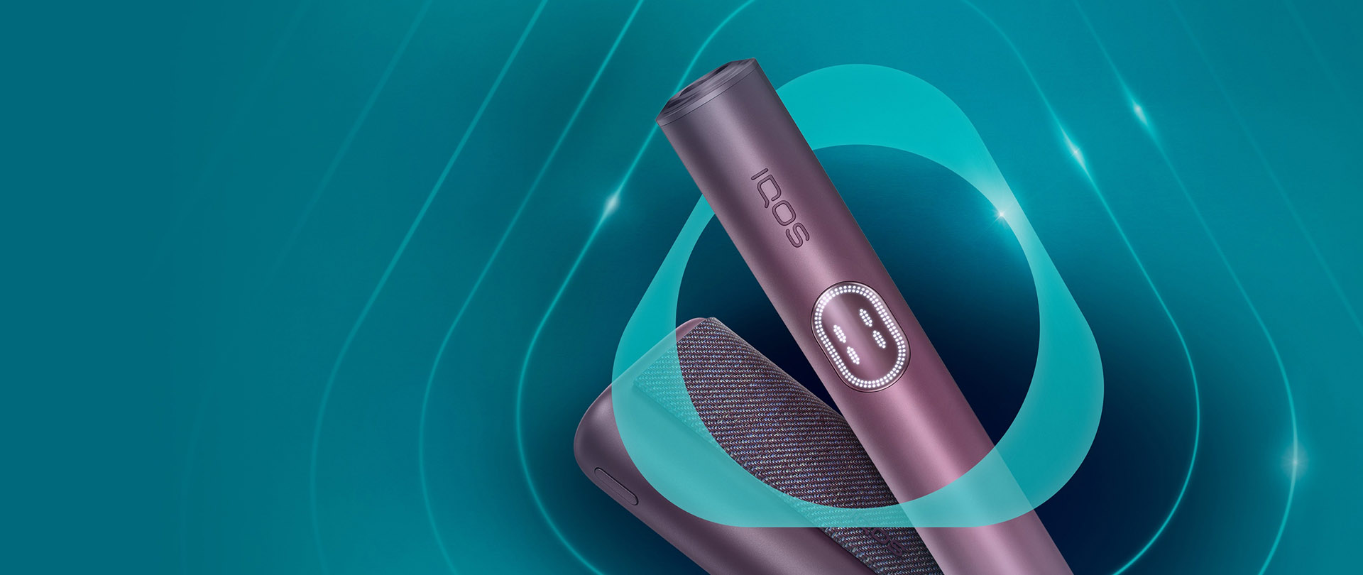 Garnet Red IQOS ILUMA i PRIME device and its charger on a dark turquoise background