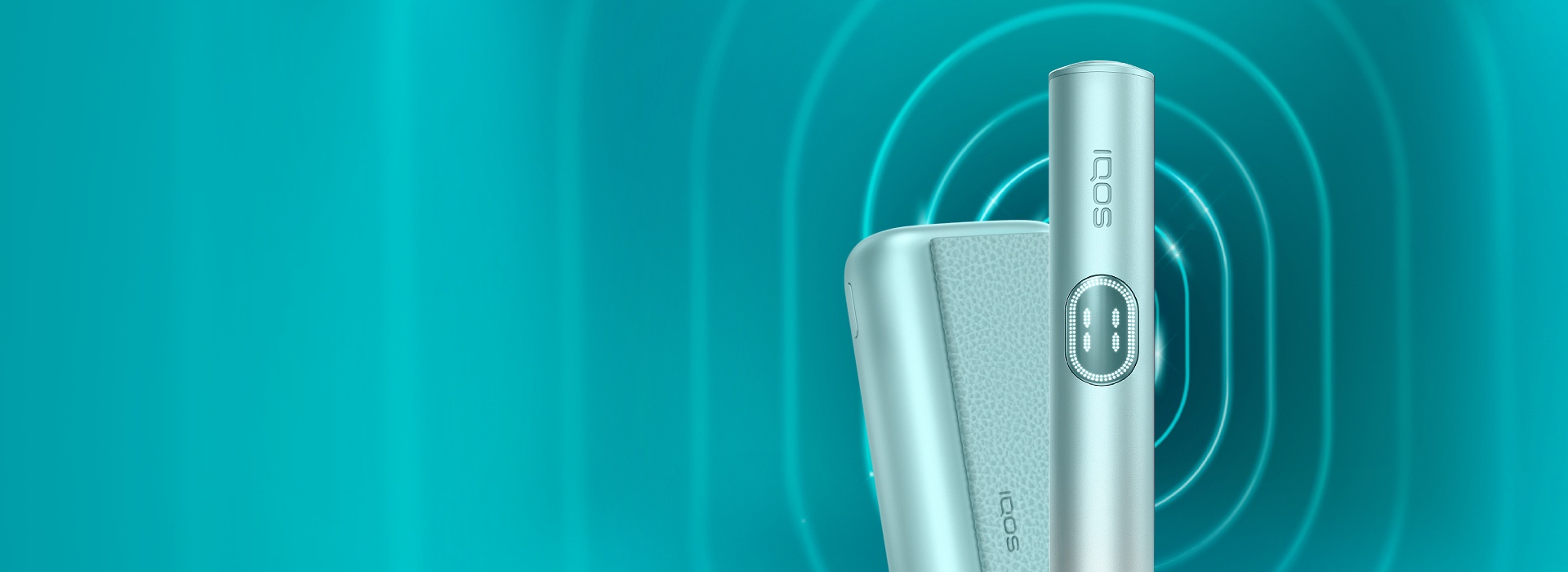 Close-up of an IQOS ILUMA i PRIME against a futuristic teal abstract background with radiating curved lines.