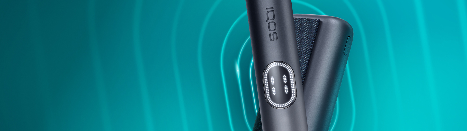Close-up of an IQOS ILUMA i PRIME Midnight Black against a futuristic teal abstract background with radiating curved lines.