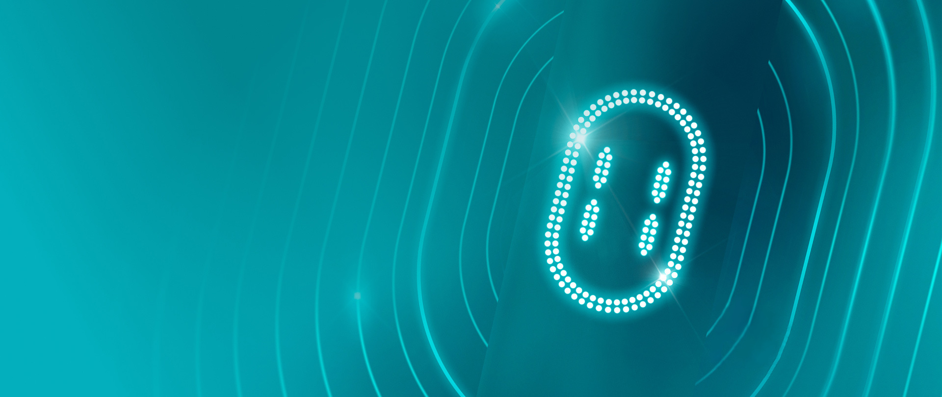 Futuristic teal abstract background with radiating curved lines and dotted oval shape resembling digital display.