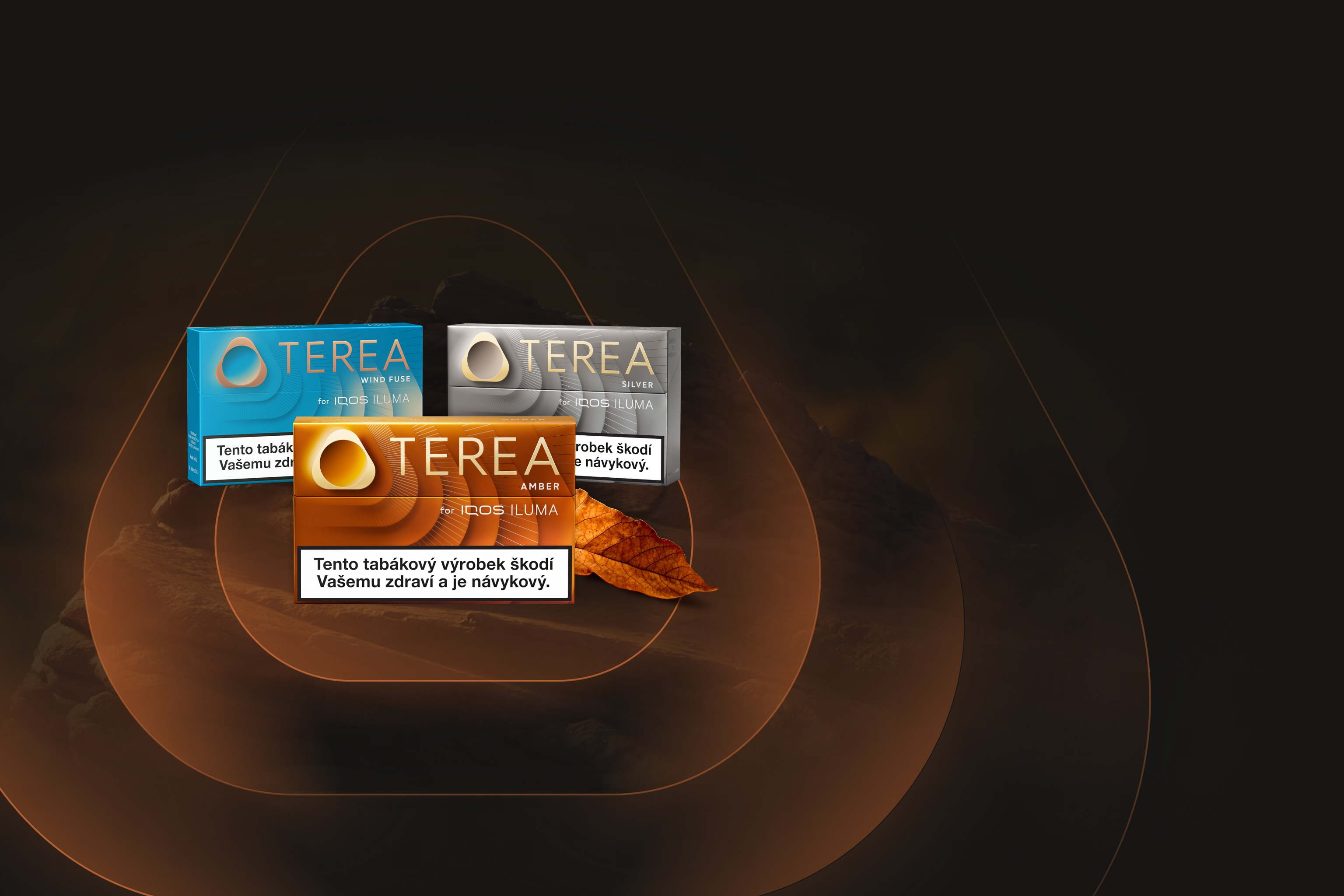 Čelní pohled na tři krabičky TEREA: příchutě Amber, Cloud Fuse a Silver