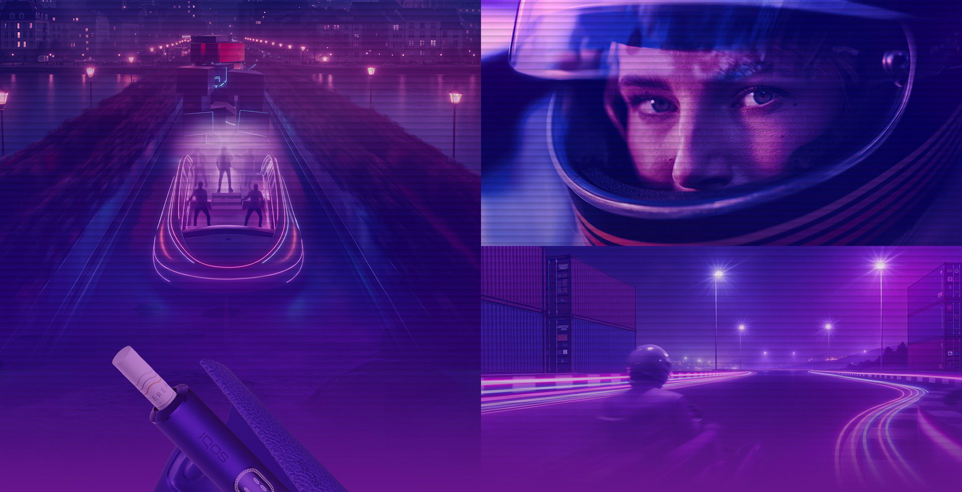 Fialové pozadí ženou v helmě, dráhou a IQOS ILUMA i zařízením