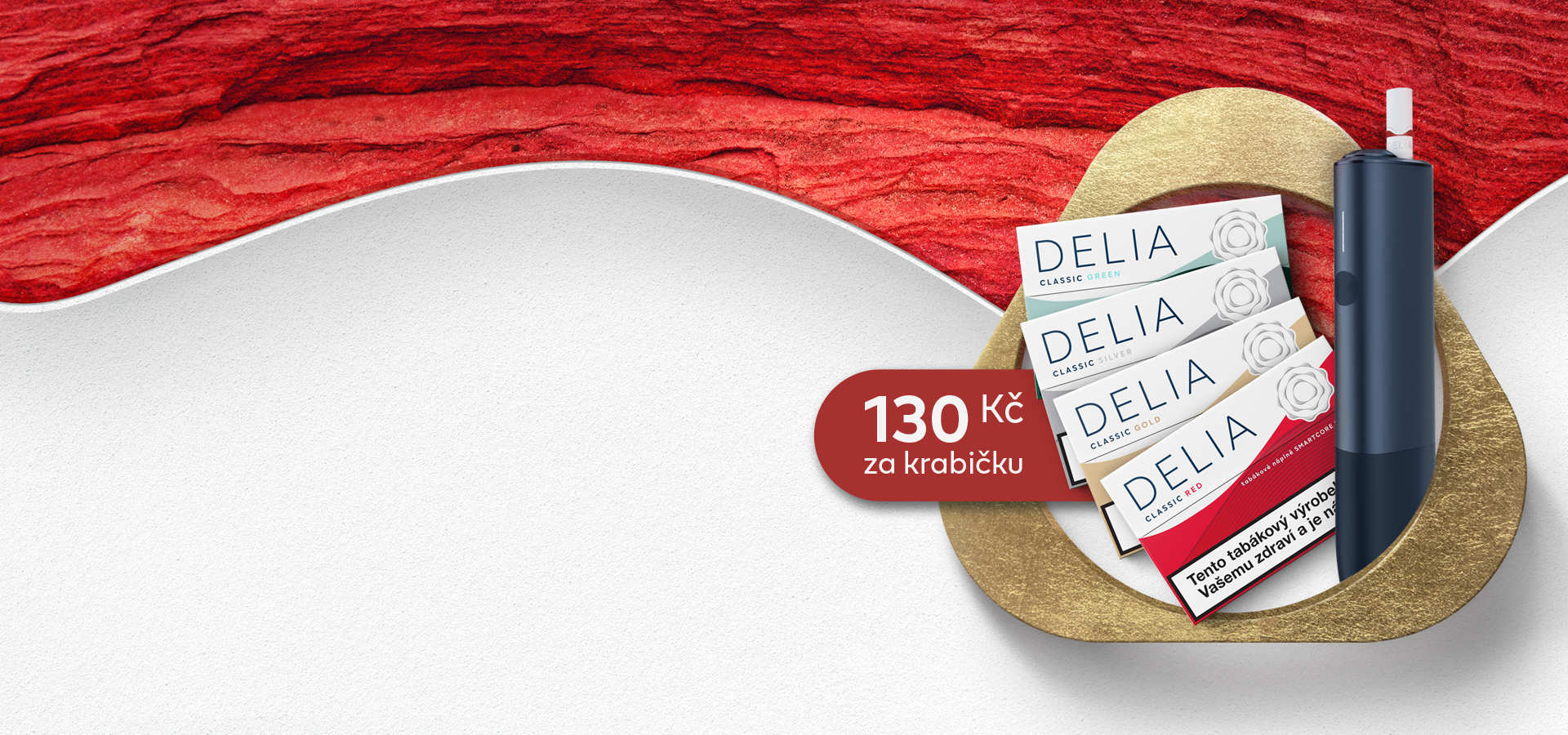 DELIA krabičky v různých přichutích v zlatém IQOS logu a zařízení IQOS ILUMA ONE