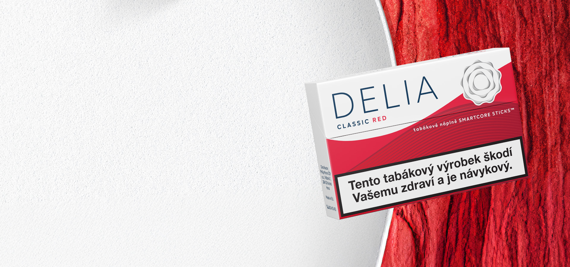 Krabička DELIA red na bíločerveném pozadí