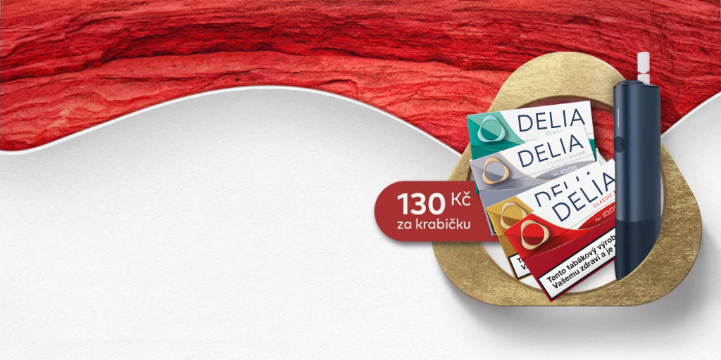 DELIA krabičky v různých přichutích v zlatém IQOS logu a zařízení IQOS ILUMA ONE