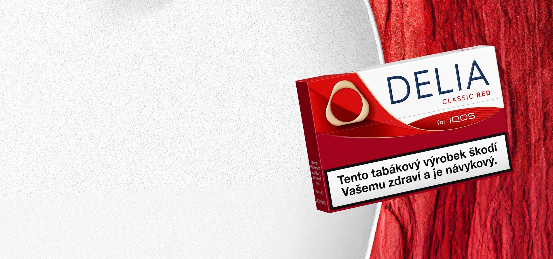 Krabička DELIA red na bíločerveném pozadí