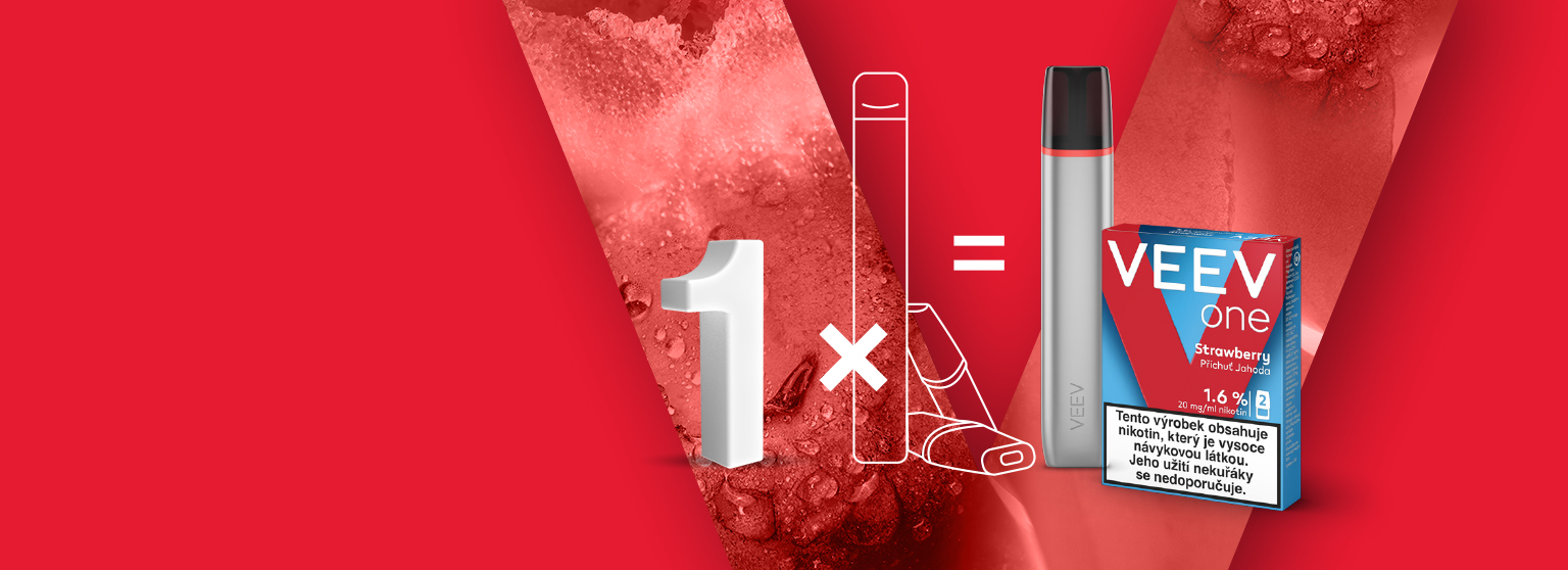Zařízení VEEV ONE s krabičkou náplní Strawberry na červeném pozadí.