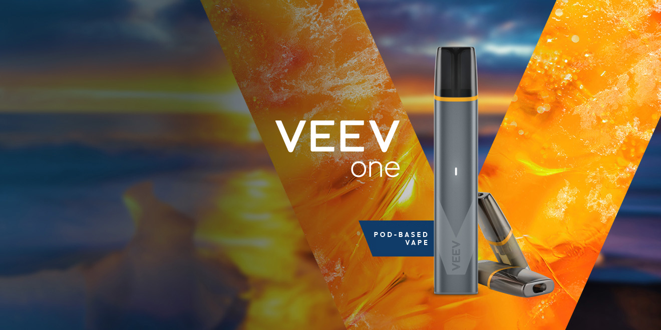 VEEV ONE vape device in luscious pink with 2 vape pods on a promotional banner