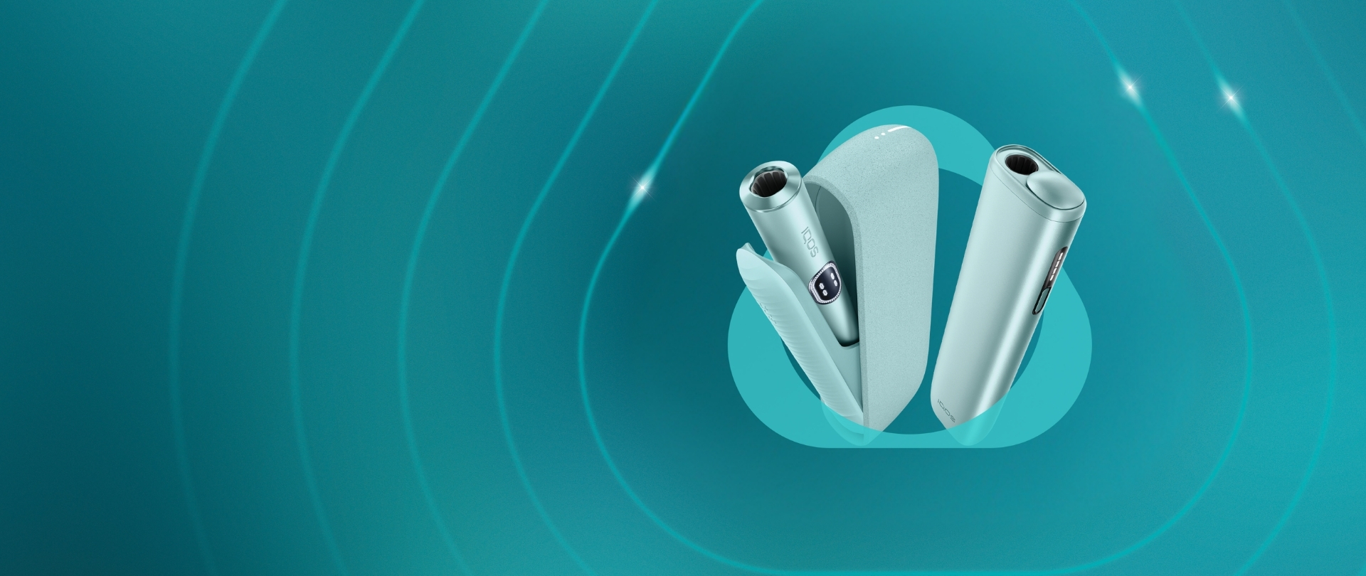 Gamme d'appareils IQOS ILUMA i couleur aigue-marine posée sur un fond dégradé bleu