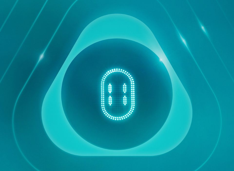 Logo de la quille IQOS couleur turquoise sur un fond dégradé bleu avec au milieu l’écran tactile présent sur les appareils IQOS ILUMA i.