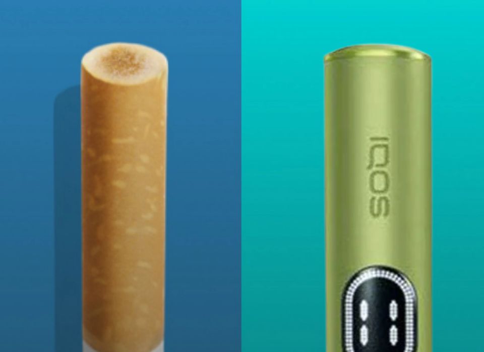 Image montrant une cigarette en opposition à un IQOS ILUMA i couleur Vert Anis.