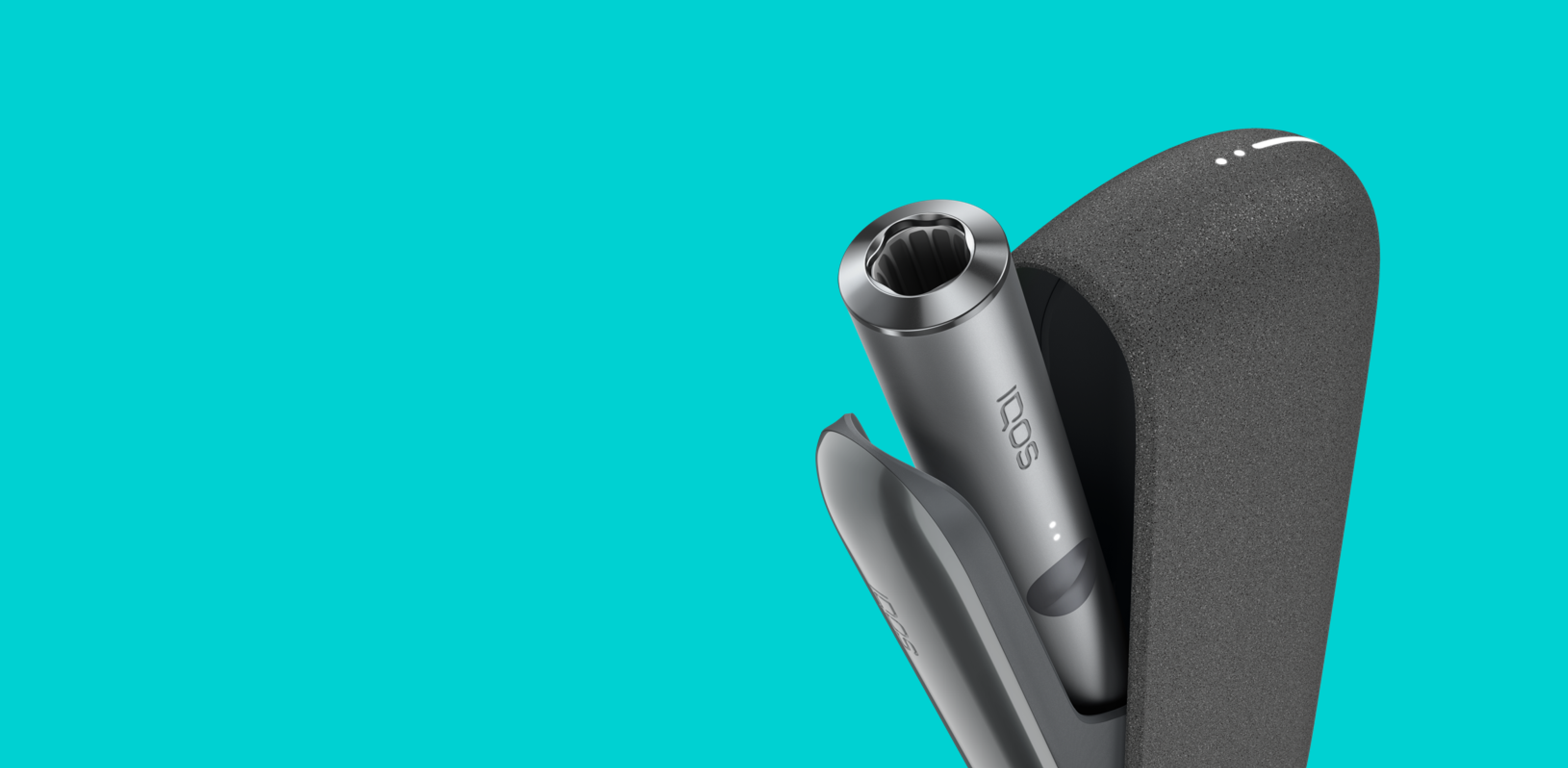 IQOS ILUMA Pepple Grey auf Turquoise Hintergrund.