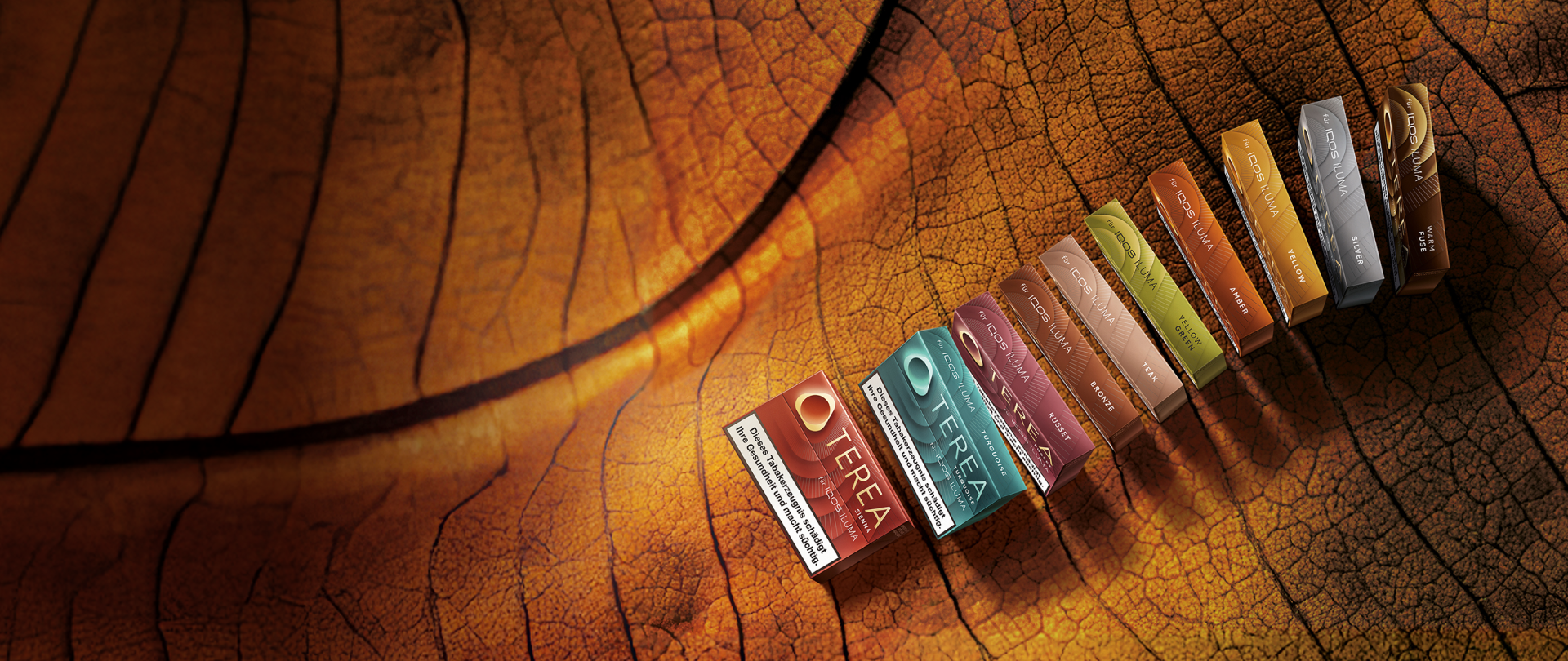 10 TEREA Sorten aufgefächert auf einem Tabakblatt Hintergrund.