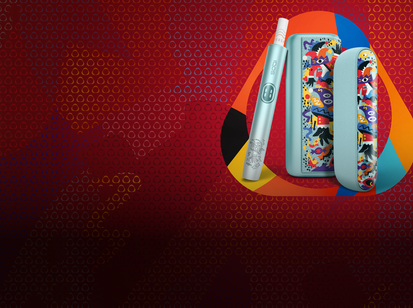 IQOS ILUMA i Karneval Limited Edition vor einem roten Hintergrund