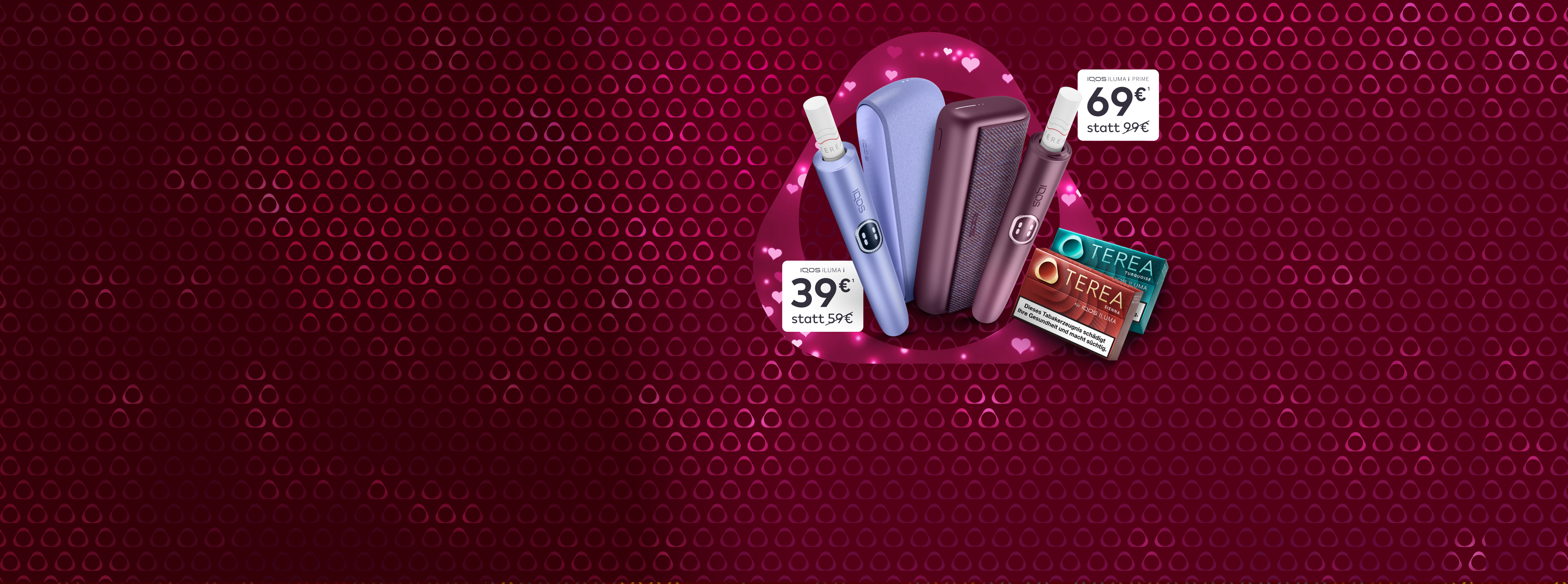 Zwei IQOS ILUMA i Geräte vor einem rosa Hintergrund mit Herzen