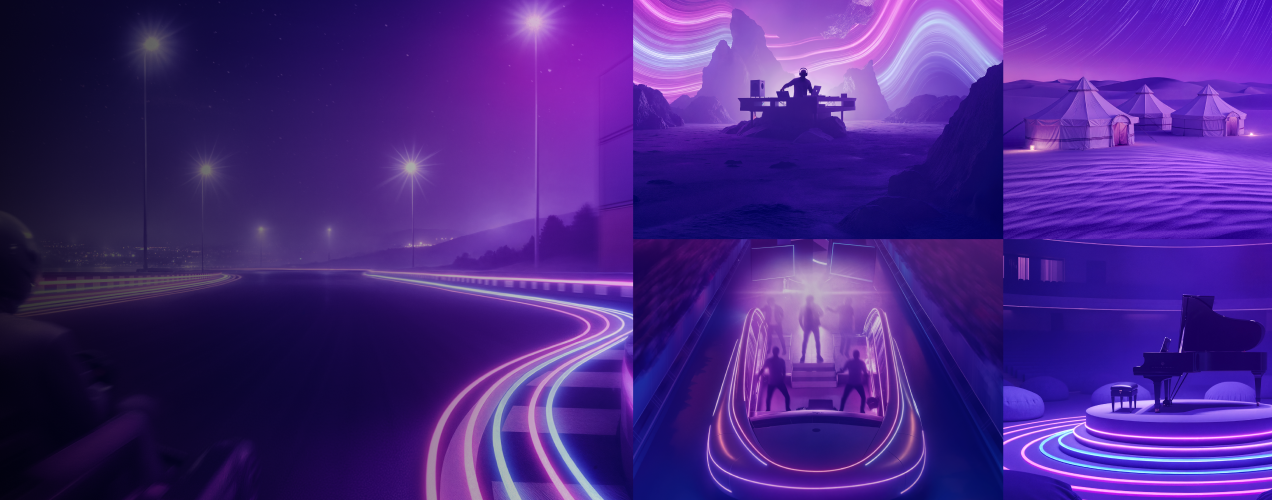 Verschiedene Aktivitäten, Personen und Orte auf violettem Hintergrund