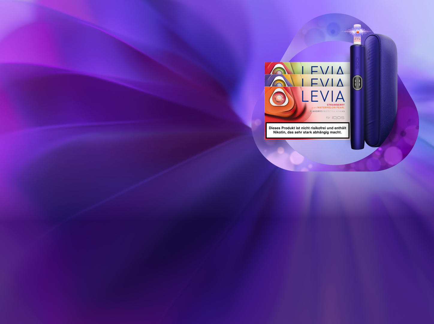 IQOS ILUMA i Gerät mit drei neuen LEVIA Pearls Varianten auf violettem Hintergrund