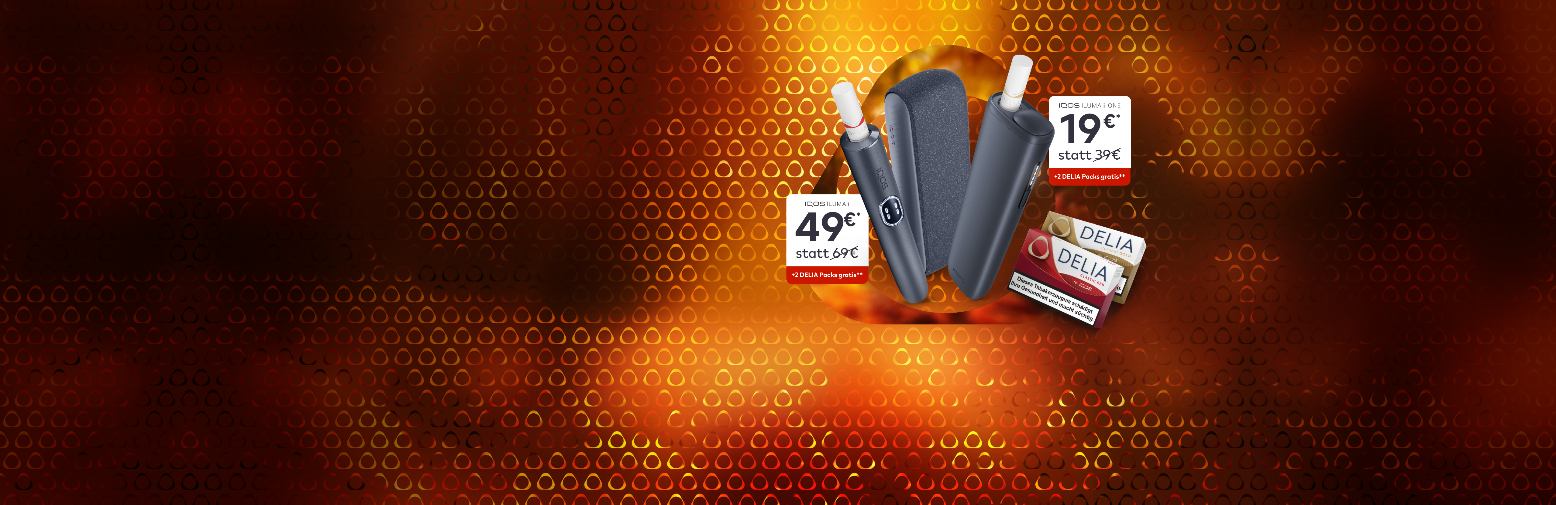 IQOS ILUMA i Geräte mit zwei DELIA Packs vor einem orangefarbenen Hintergrund