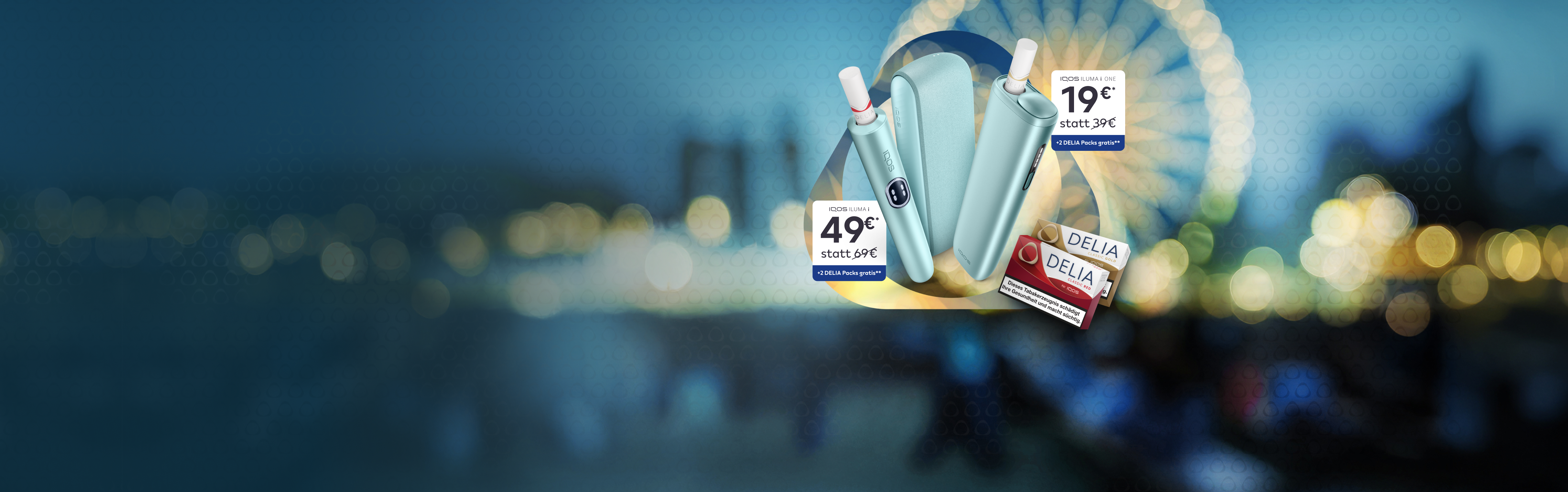 Drei IQOS ILUMA i Bavaria Edition 2026 mit zwei DELIA Packs vor einem unscharfen Hintergrund mit einem beleuchteten Riesenrad