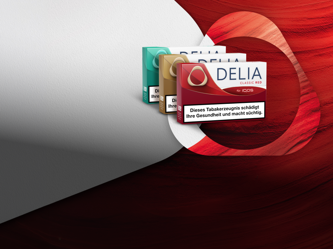 DELIA in drei verschiedenen Sorten auf einem roten Hintergrund.