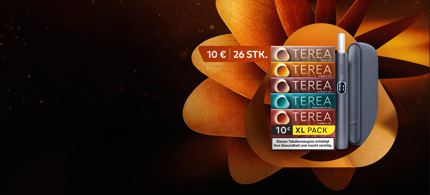 IQOS ILUMA i und TEREA XL Packs in 5 Sorten vor einem abstrakten Hintergrund in warmen Orange- und Brauntönen