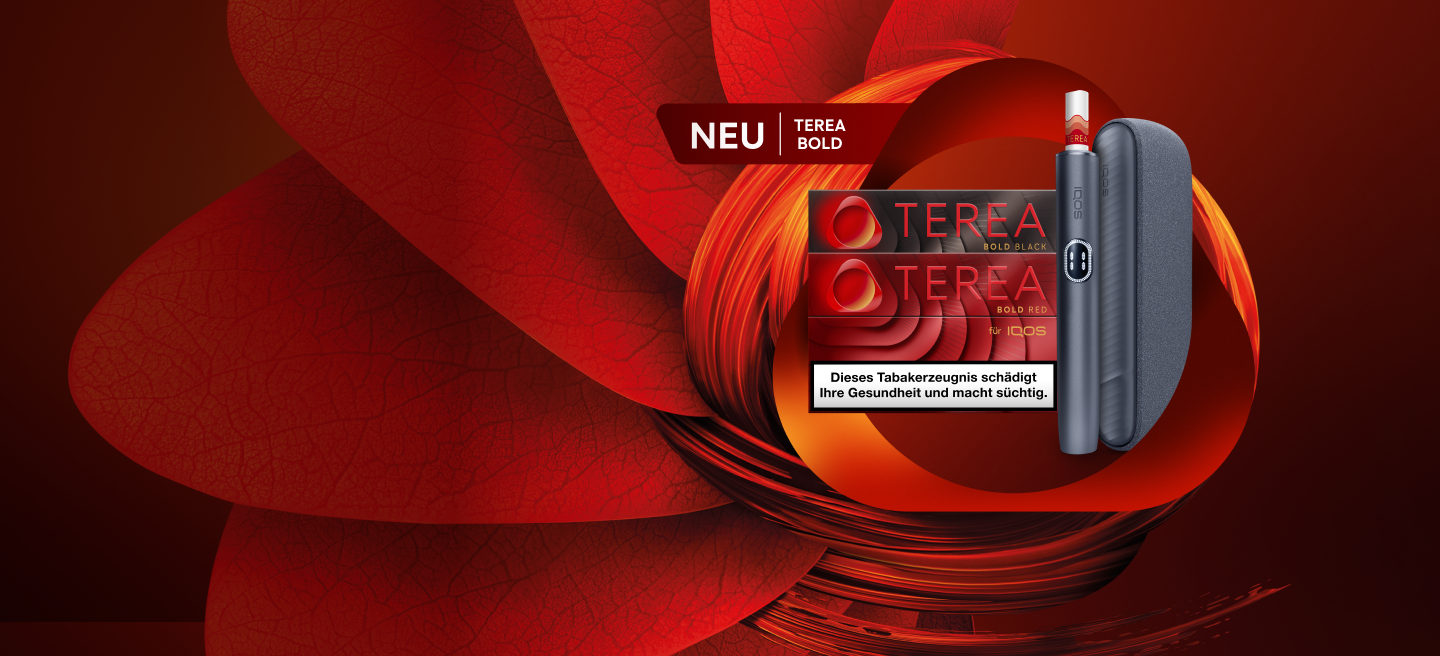 IQOS ILUMA i mit zwei TEREA Bold Packs vor einem rot-orangefarbenen Hintergrund