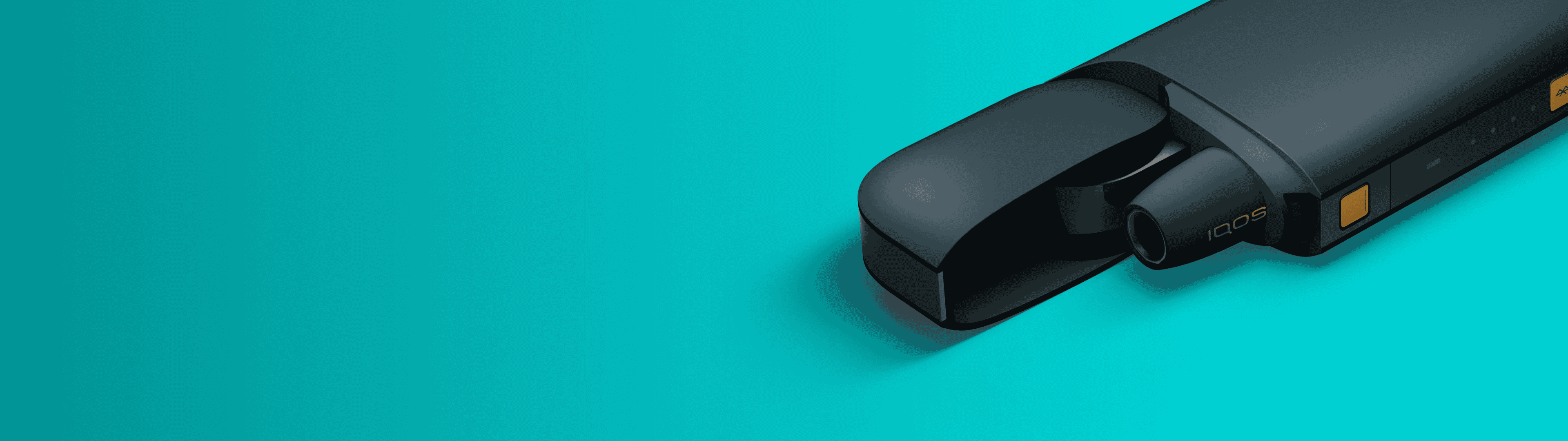 Schwarzes IQOS 2.4 PLUS vor türkisem Hintergrund