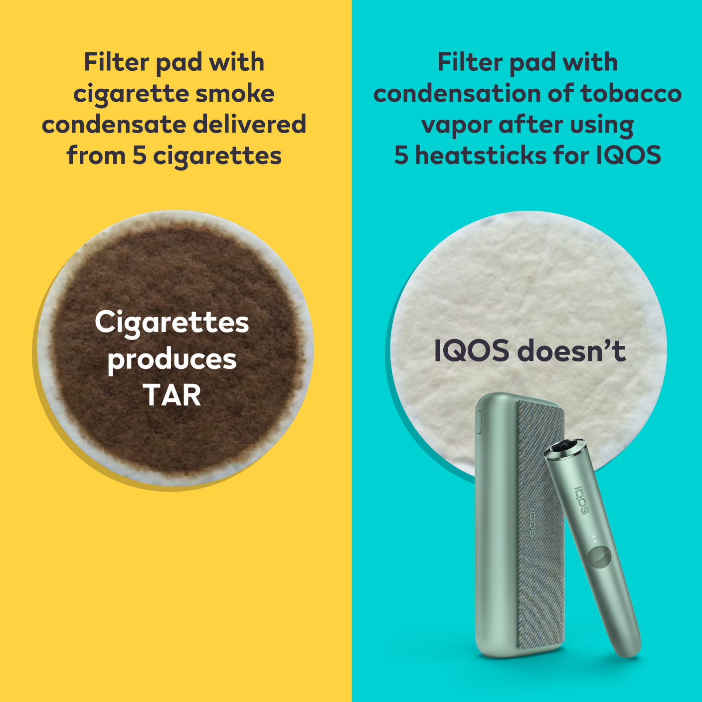 Cigarette filter with brown combustion stains compared to IQOS HEETS stick in IQOS 3 DUO holder with no equivalent stain.
