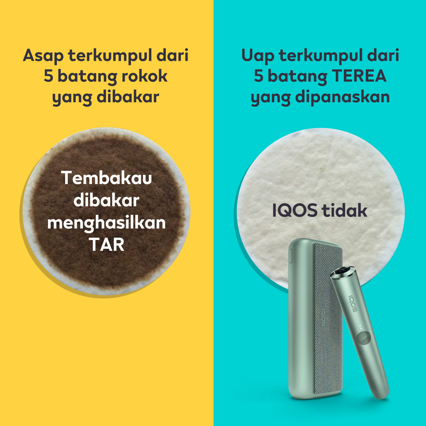 Cigarette filter with brown combustion stains compared to IQOS HEETS stick in IQOS 3 DUO holder with no equivalent stain.