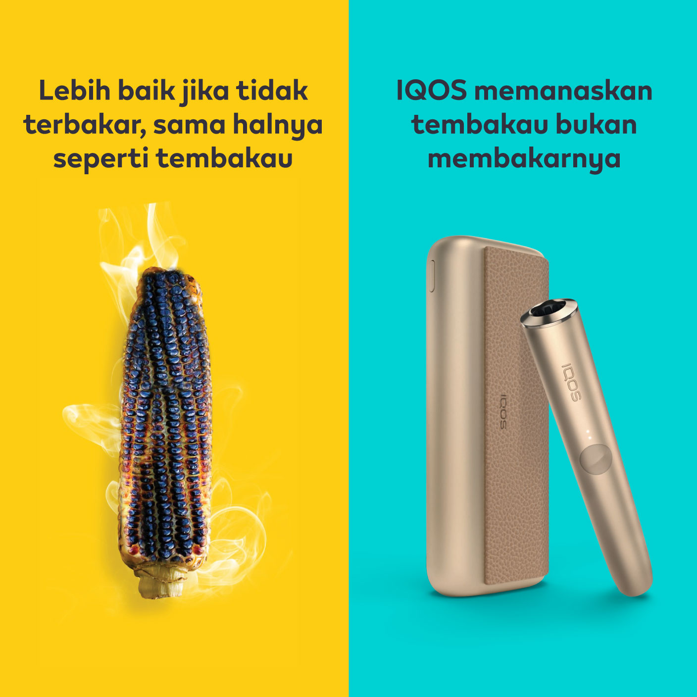 Burnt sausage on a fork compared to IQOS TEREA stick in an IQOS ILUMA holder.