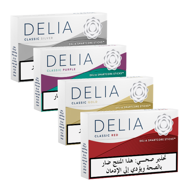 Four IQOS ILUMA DELIA tobacco sticks packages
