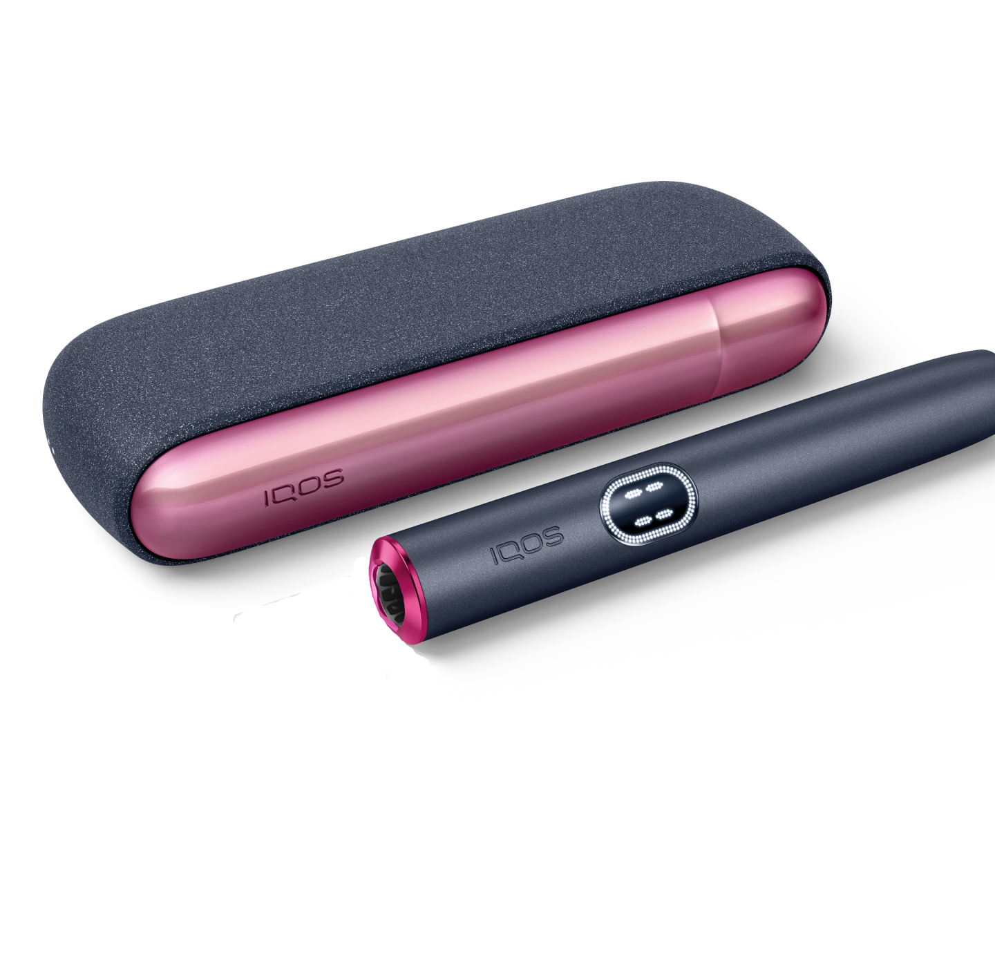 IQOS Iluma i Prime rosa con cargador negro colocado sobre fondo blanco