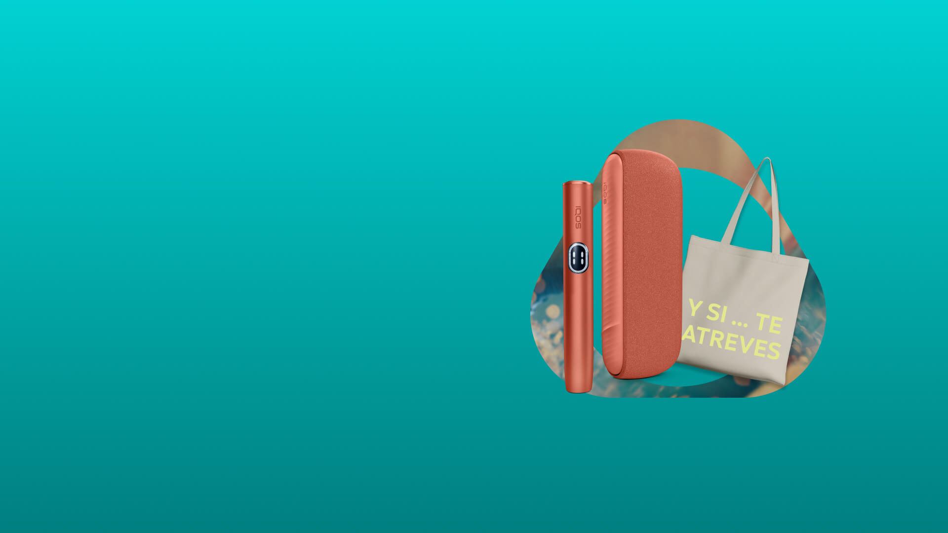 Dispositivo IQOS ILUMA i color breeze blue con holder,y IQOS ILUMA i ONE color midnight, sobre fondo con diseño circular y texto “Nuevo IQOS ILUMA i. Modo Pausa, Botón Táctil y mucho más”.