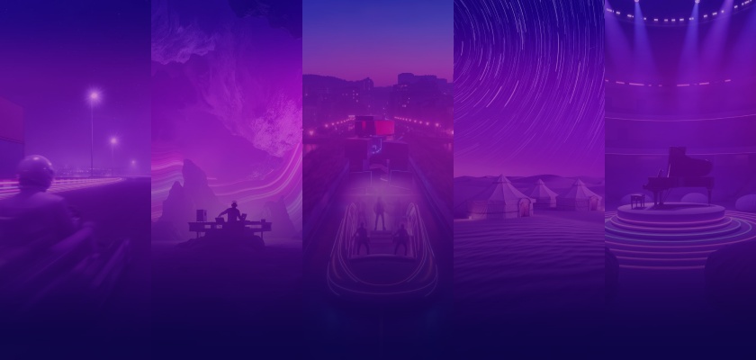 Wide panoramic digital artwork showing a purple futuristic landscape with glowing light trails, abstract mountains, a city bridge, and illuminated desert tents