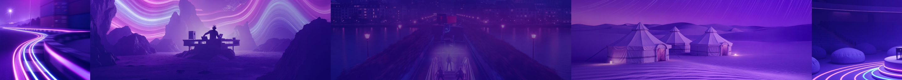 Wide panoramic digital artwork showing a purple futuristic landscape with glowing light trails, abstract mountains, a city bridge, and illuminated desert tents