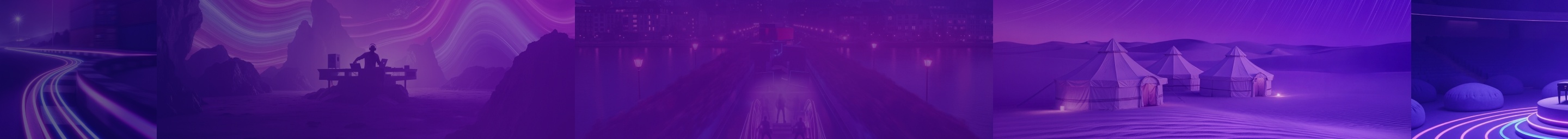 Wide panoramic digital artwork showing a purple futuristic landscape with glowing light trails, abstract mountains, a city bridge, and illuminated desert tents