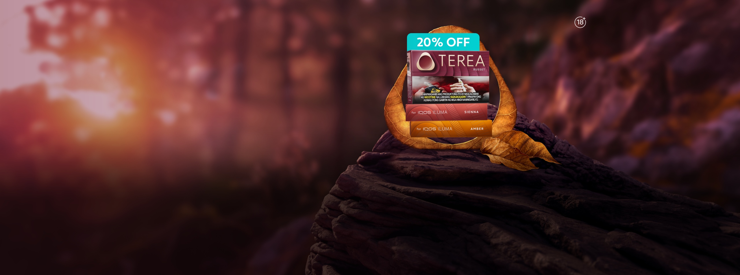 TEREA tobacco stick packs and an IQOS device showcased against a scenic sunrise landscape, framed by a dried leaf for a premium, nature‑inspired product presentation.