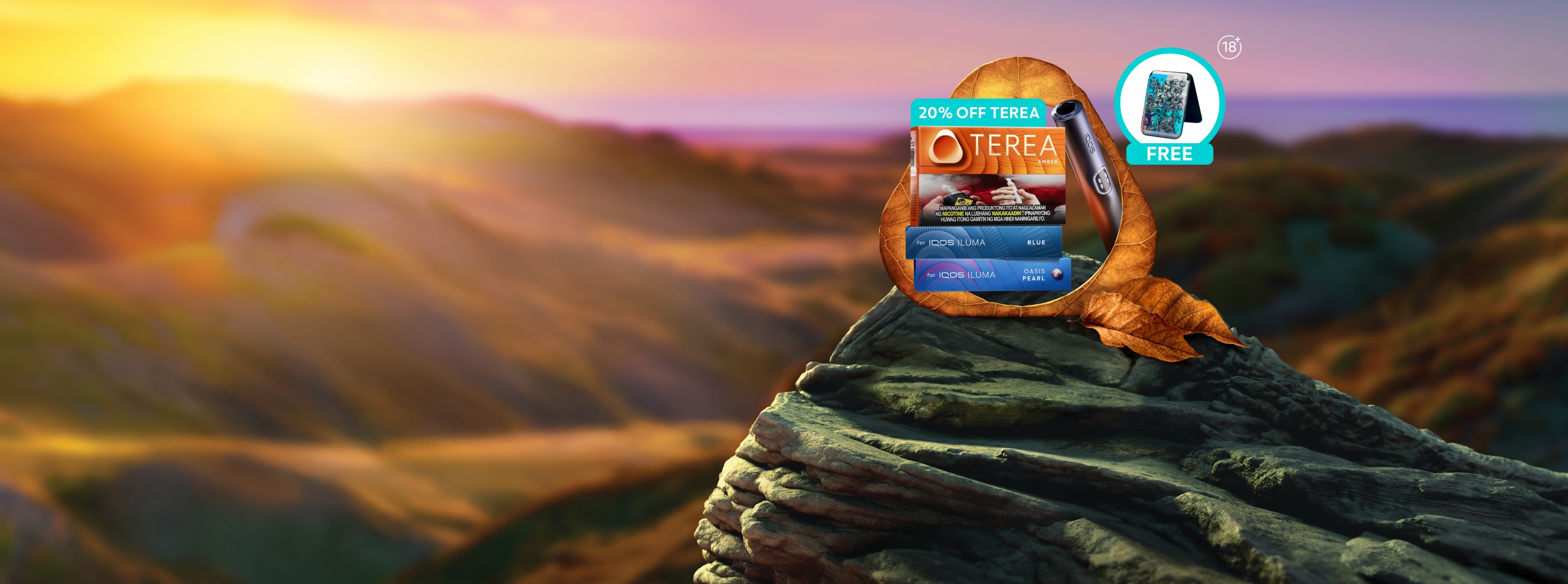 TEREA tobacco stick packs and an IQOS device showcased against a scenic sunrise landscape, framed by a dried leaf for a premium, nature‑inspired product presentation.