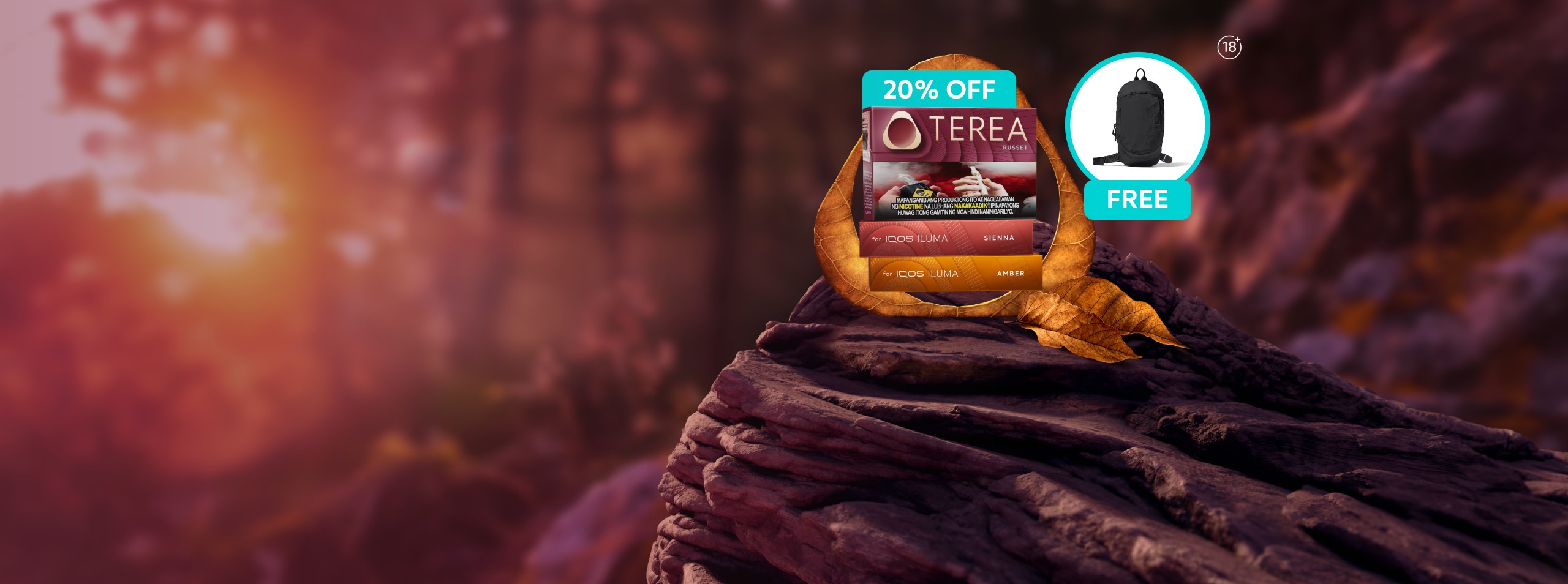 TEREA tobacco stick packs and an IQOS device showcased against a scenic sunrise landscape, framed by a dried leaf for a premium, nature‑inspired product presentation.
