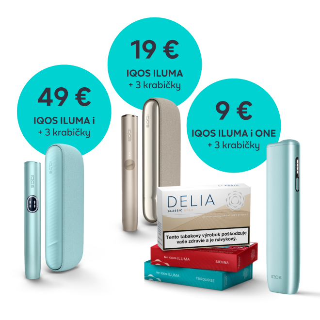 Tri rôzne zariadenia IQOS ILUMA v rôznych farbách a tri škatuľky náplní; pri každom zariadení je nálepka so zvýhodnenou cenovou ponukou a textom: plus tri škatuľky náplní.