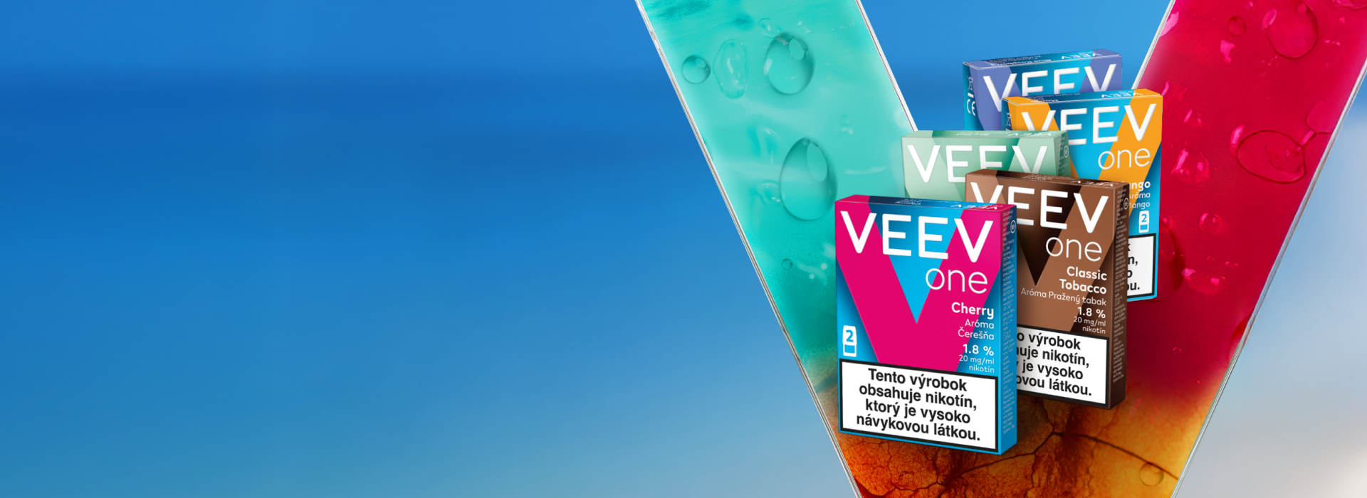 Päť krabičiek príchutí VEEV ONE 