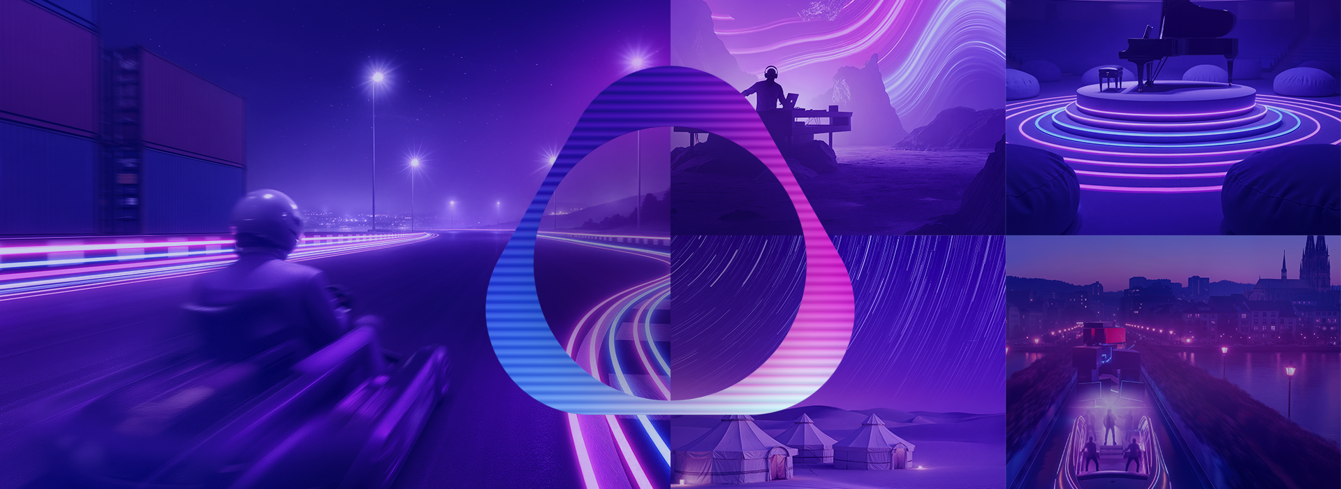 Futuristická nočná scéna vo fialových tónoch s abstraktnou krajinou, detailom moderného zariadenia a dynamickou mestskou cestou so svetelnými stopami.