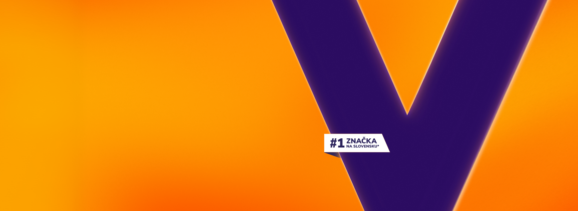 Fialové zariadenie VEEV ONE umiestnené na oranžovo‑fialovom pozadí v tvare písmena V, s textom ‚#1 značka na Slovensku.