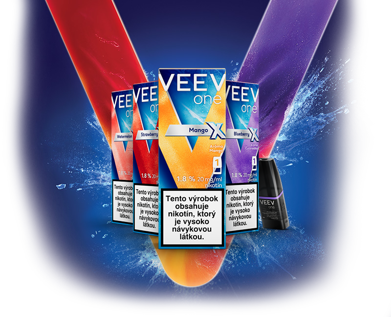 Nikotínové náplne VEEV one X v príchutiach jahoda, čučoriedka, mango a vodný melón.