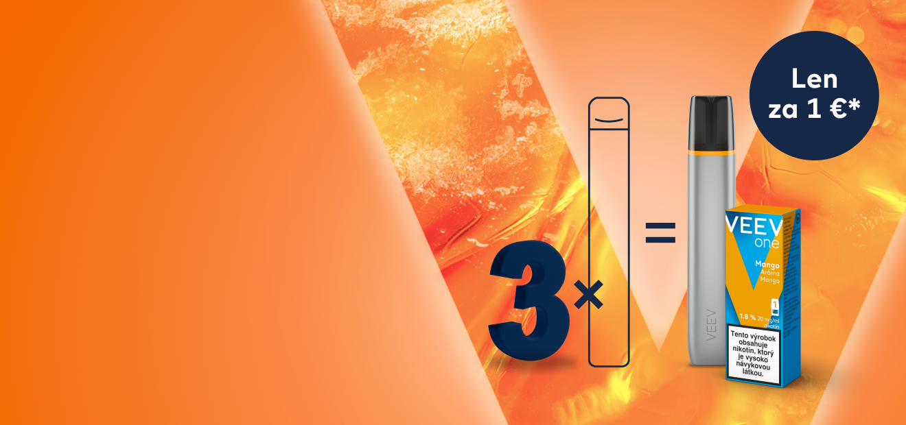 Znázornenie akcie 3 x obrys e-cigarety rovná sa 1 sada VEEV ONE. Na obrázku je sada zahŕňajúca krabičku VEEV ONE mango na oranžovom písmene V a oranžovom pozadí.