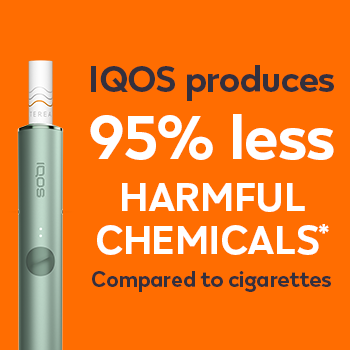 Cigarette filter with brown combustion stains compared to IQOS HEETS stick in IQOS 3 Iluma holder with no equivalent stain