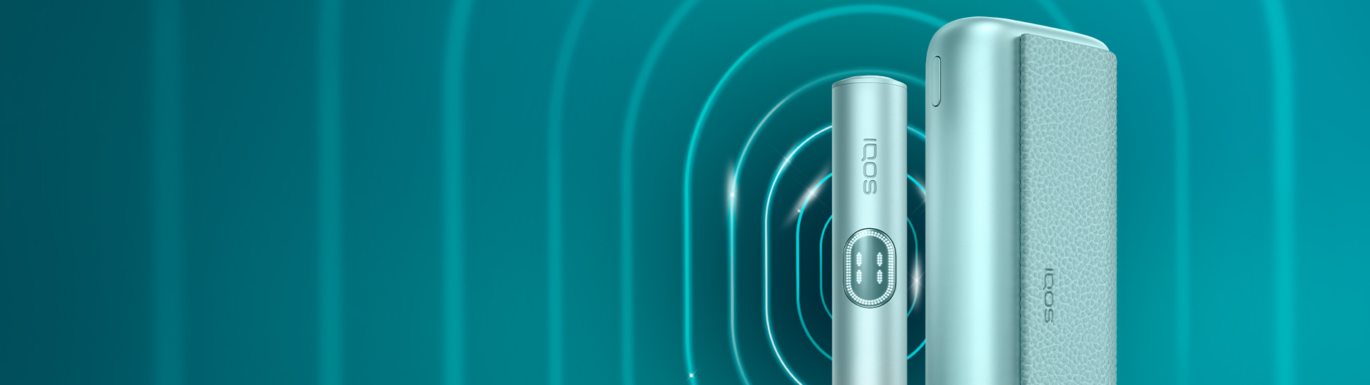 Breeze Blue IQOS ILUMA i PRIME device and its charger on a dark turquoise background