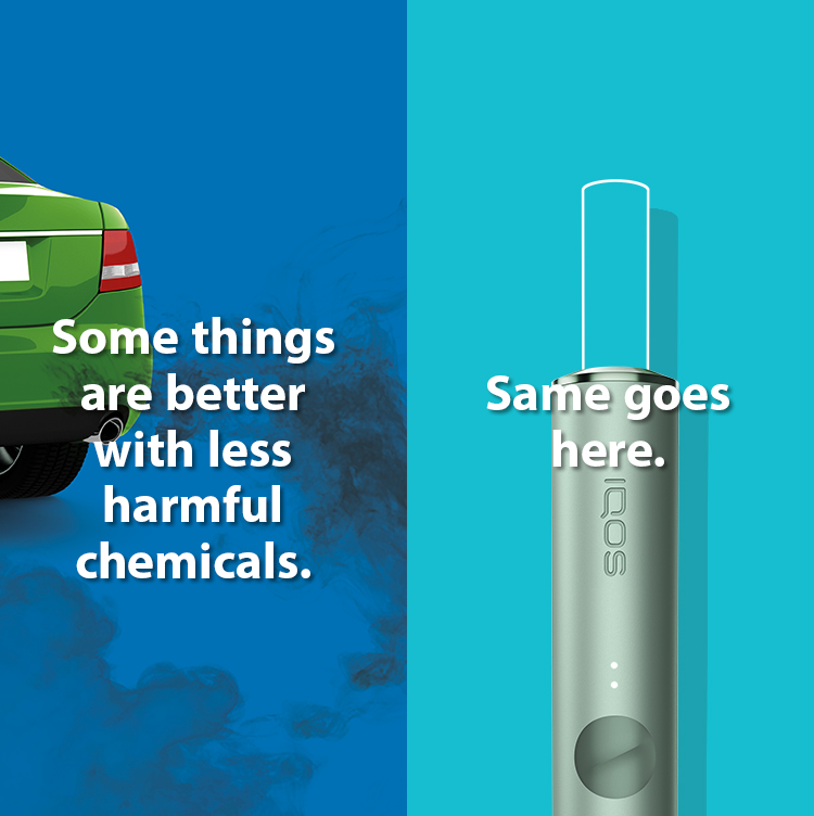 Lit cigarette end compared to IQOS HEETS stick in IQOS 3 DUO holder.